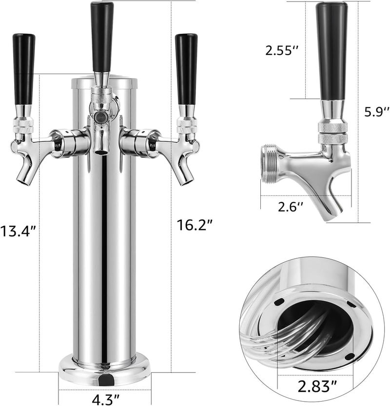 MRbrew Kegerator Tower Beer Tap Tower Dispenser 3 Faucet Beer Tower Draft Beer Dispenser Stainless Steel Keg Tap Tower 3'' Keg Tower Pre-assembled Line Beer Faucet Dispenser Kit For Home, Bar,Party - Image 3